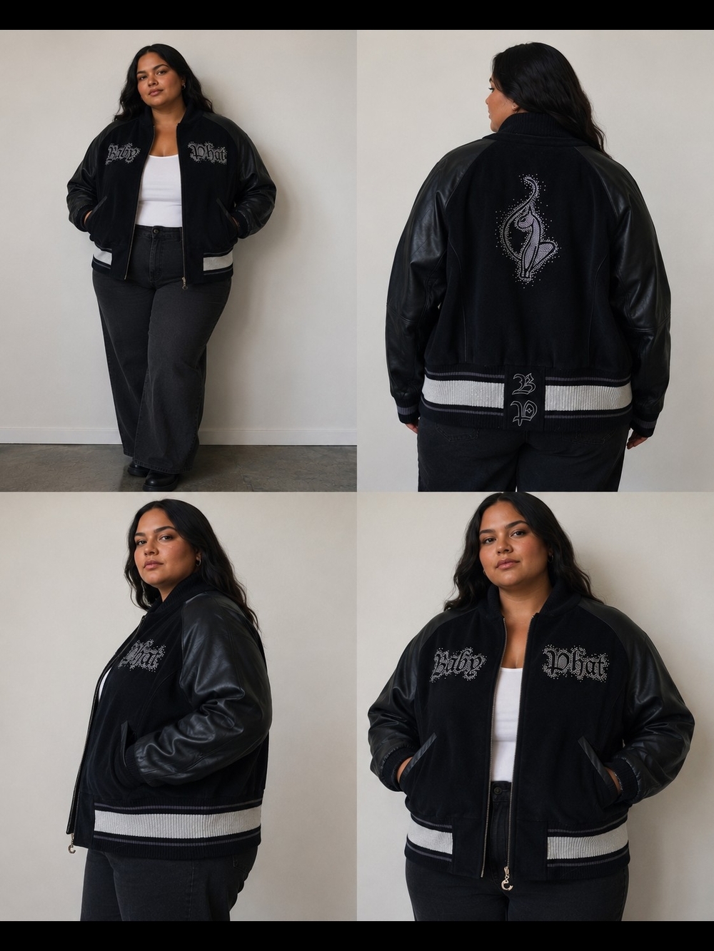 Baby Phat Varsity Bomber Jacket 2XL Genuine Leather Sleeves Rhinestone Y2K